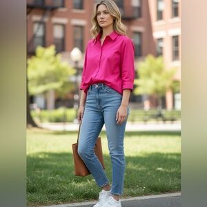 NEW CHICO’S SZ 3 Summer Berry Cotton Woven Top No Iron Stain Shield 3/4 Sleeve